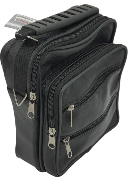Gerçek Deri Askılı Dikey Model Erkek El Çantası 19X16X8 cm Siyah