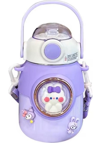 Mor çift katmanlı 700ml çelik pipetli şişe, kayışlı, sağlıklı ve şık tasarım