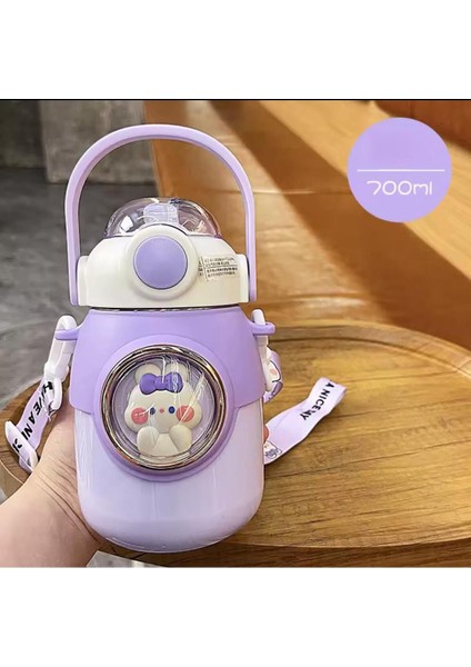 Mor çift katmanlı 700ml çelik pipetli şişe, kayışlı, sağlıklı ve şık tasarım fırsatları