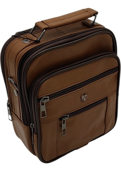 Gerçek Deri Askılı Dikey Model Erkek El Çantası 21X17X8 cm Kahverenkli
