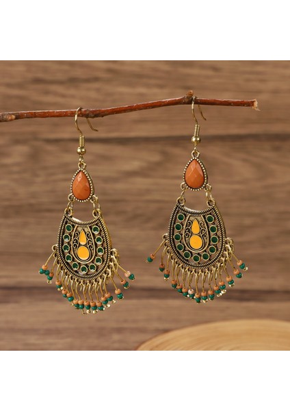 Etnik Tarz Oyma Küpeler Kadın Antik Bronz Atılı Içi Boş Çiçekler ve Yapraklar Küpeler Bohem Yeşillik Küpeler (Yurt Dışından)