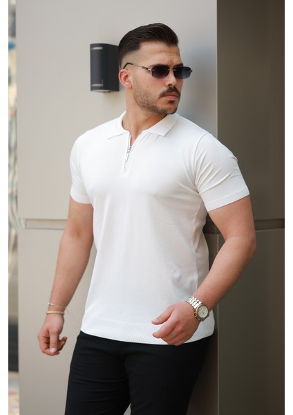 Erkek Fermuarlı Polo Yaka Slim Fit Triko T-Shirt