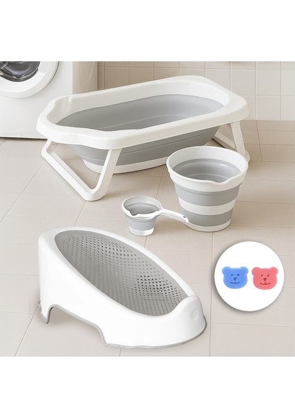 4'lü Katlanır Banyo Seti - Bebek Küveti, Fileli Yıkama Aparatı, Su Kovası, Maşrapa Sünger Gri