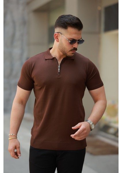 Erkek Fermuarlı Polo Yaka Slim Fit Triko T-Shirt