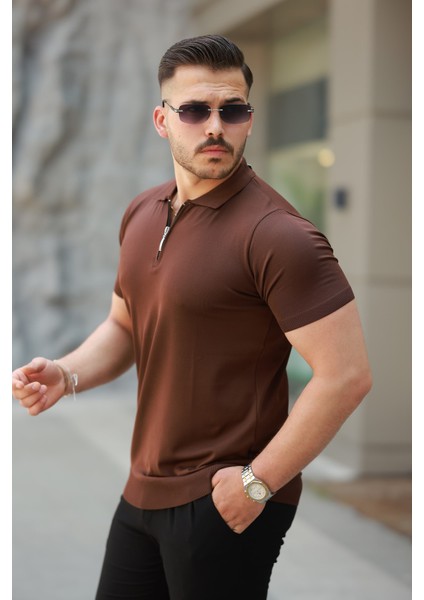 Erkek Fermuarlı Polo Yaka Slim Fit Triko T-Shirt modelleri
