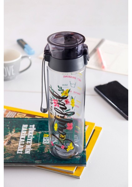 Desenli 800 ml su matara, hafif ve şık tasarım, antrasit renk, sağlıklı kullanım modelleri