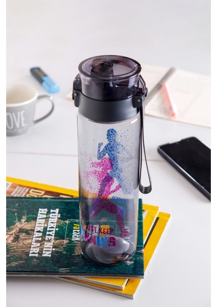 Desenli 800 ml su matara, hafif ve şık tasarım, antrasit renk, sağlıklı kullanım fırsatları