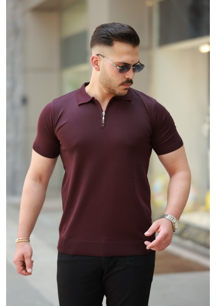 Erkek Fermuarlı Polo Yaka Slim Fit Triko T-Shirt