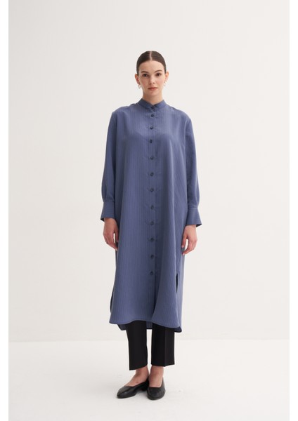 İndigo Rahat Kalıp Düğme Kapamalı Modal Çizgili Gömlek Elbise