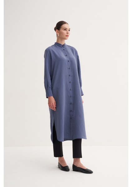 İndigo Rahat Kalıp Düğme Kapamalı Modal Çizgili Gömlek Elbise fiyatları