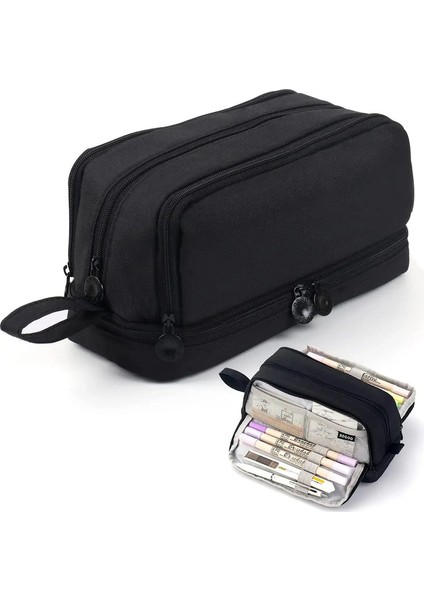 Siyah Kalem Çantası Yüksek Kapasiteli Kalem Kılıfı Düz ​​renkli Cetvel Tuval Pepeli Okul Malzemeleri Hediye Tutucu Depolama 2 Katmanlar Organizatör Uygun: Siyah (Yurt Dışından)