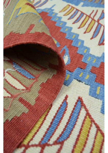 Uşak Yünden El Dokuma Yeşil, Mavi ve Kırmızı Renk Kilim 90X120 cm (1,08 M²)