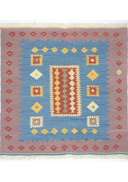 Iran Koçan Yünden El Dokuma Mavi ve Mor Renk Sofra Kilimi 90X90 cm (0.81 M²)