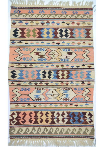 Konya Karapınar El Dokuma Pembe ve Krem Kirmen Yün Kilim 76X121 cm (0.92 M²)