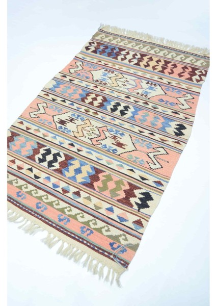 Konya Karapınar El Dokuma Pembe ve Krem Kirmen Yün Kilim 76X121 cm (0.92 M²) modelleri