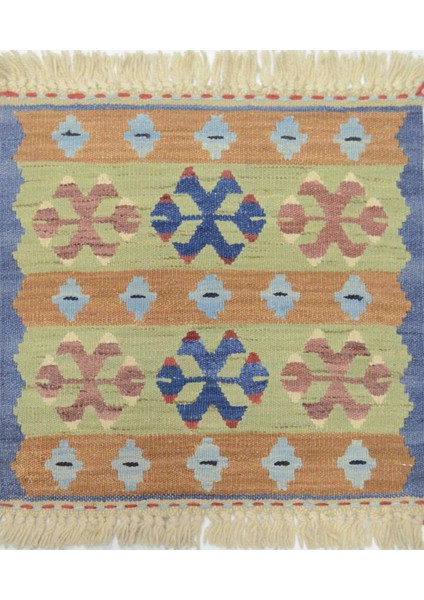 Yünden El Dokuma Turuncu ve Mavi Renk Ince Kök Kilim 40X40 cm (0.16 M²)
