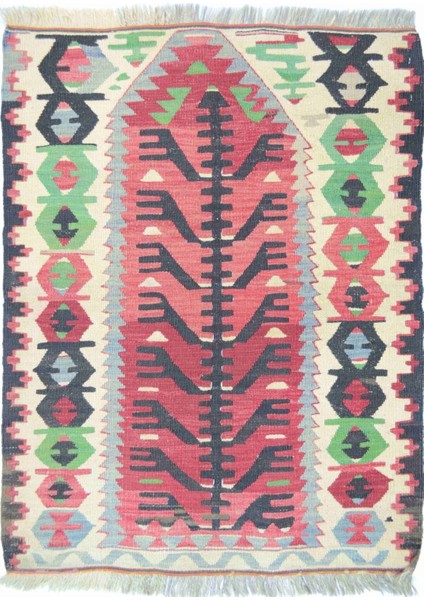 Uşak El Dokuma Hayat Ağacı Desenli Kırmızı ve Yeşil Renk Yün Kilim 71X93 cm (0,66 M²)