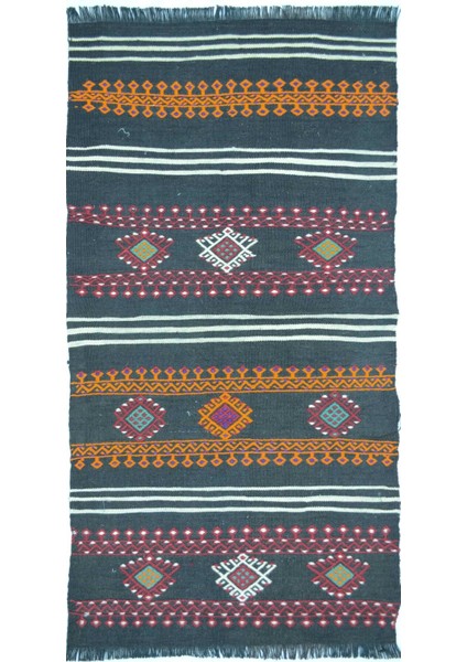 Yünden El Dokuma Siyah Renk Antika Kilim 58X112 cm (0,65 M²)