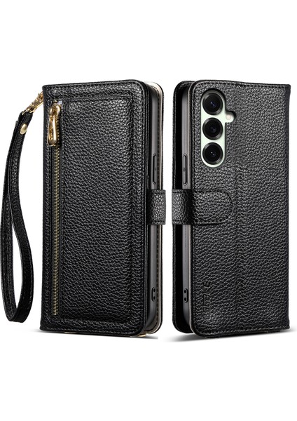 Samsung Galaxy S25 Fermuarlı Cep Litchi Doku Deri Telefon Kılıfı Aynalı ve Bilek Kayışlı (Yurt Dışından)