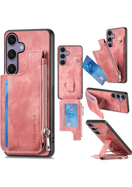 Samsung Galaxy S25 Plus Fermuarlı Kart Tutucu Kickstand Deri + Pc + Tpu Telefon Kılıfı (Yurt Dışından)