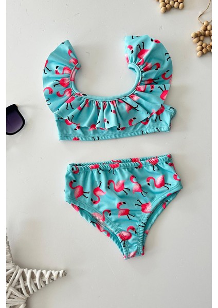 (3-10 Yaş) Flamingo Detaylı Kız Çocuk Bikini mayo takım - Turkuaz