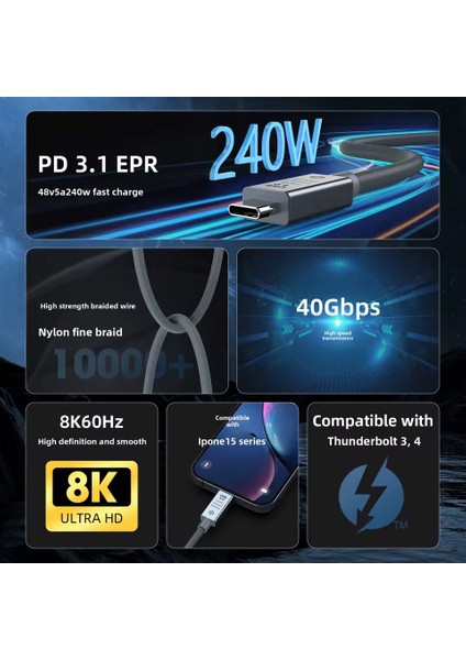 240W USB 4.0 40GBPS 8k Thunderbolt Görüntü Aktarım ve Hızlı Şarj Kablosu 848