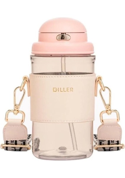 650ml Pembe Tritan Su Şişesi, Deri Kılıf ve Pipetli, Şık ve Kullanışlı Tasarım