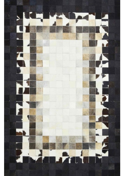 Beyaz ve Siyah Renk Ombre Geçişli Deri Patchwork Halı 120X180 cm (2,16 M²)