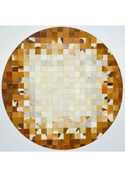 Krem ve Kahverengi Yuvarlak Deri Patchwork Halı 150X150 cm (2,25 M²)