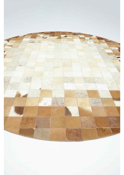 Krem ve Kahverengi Yuvarlak Deri Patchwork Halı 150X150 cm (2,25 M²) modelleri