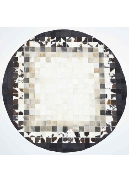 Siyah ve Beyaz Renk Ombre Geçişli Renk Yuvarlak Deri Patchwork Halı 160X160 cm (2,56 M²)