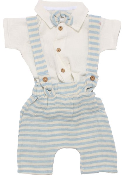 Erkek Bebek Ekru Mavi Çizgili Müslin Papyonlu Gömlekli Salopet Takım