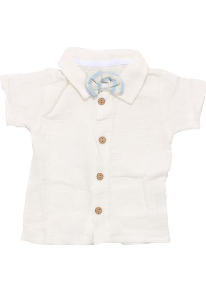 Erkek Bebek Ekru Mavi Çizgili Müslin Papyonlu Gömlekli Salopet Takım fiyatları