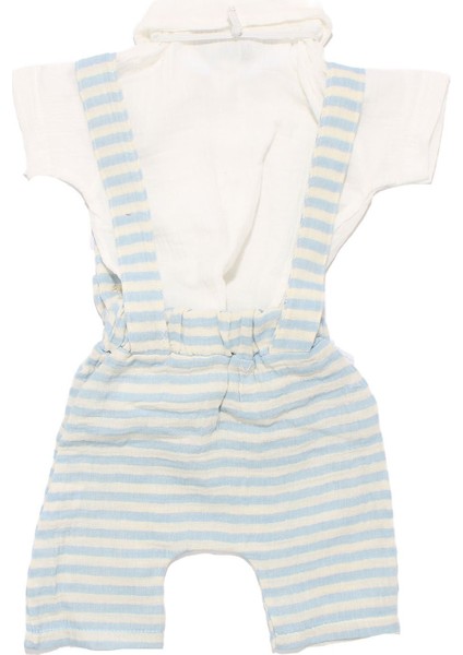 Erkek Bebek Ekru Mavi Çizgili Müslin Papyonlu Gömlekli Salopet Takım modelleri