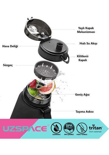 800ml Renkli BPA'sız Kapaklı Tritan Su Şişesi Siyah-Beyaz modelleri