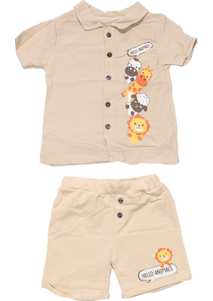 Erkek Bebek Bej Hayvanlı Desenli Müslin Gömlekli 2'li Takım