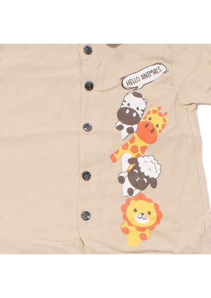 Erkek Bebek Bej Hayvanlı Desenli Müslin Gömlekli 2'li Takım modelleri