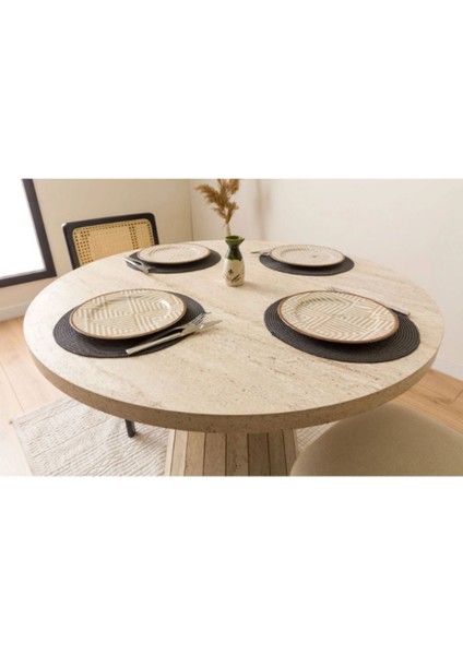 Traverten Desen Ahşap Mdf Yuvarlak 90CM Çapında Sabit Mermer Desenli 4-5 Kişilik Mutfak Masası