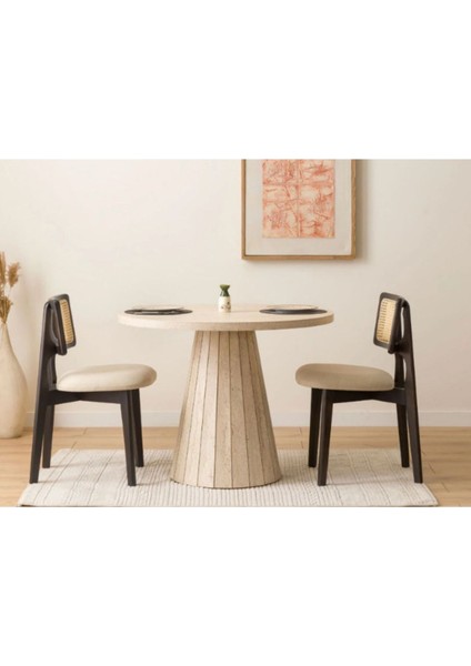 Traverten Desen Ahşap Mdf Yuvarlak 90CM Çapında Sabit Mermer Desenli 4-5 Kişilik Mutfak Masası