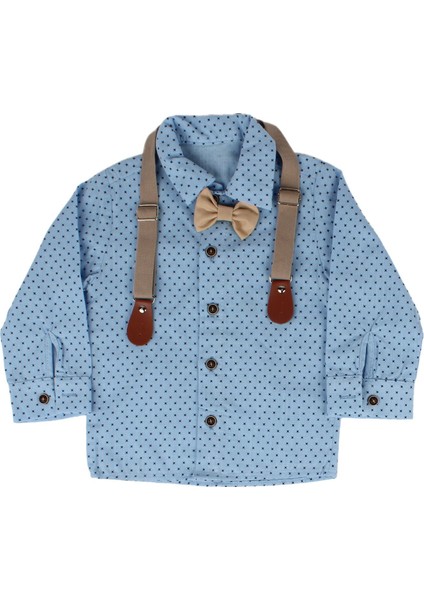 Erkek Bebek Mavi Kahve Puanlı Papyonlu Şapkalı Gömlek Takım modelleri