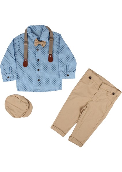 Erkek Bebek Mavi Kahve Puanlı Papyonlu Şapkalı Gömlek Takım indirimleri