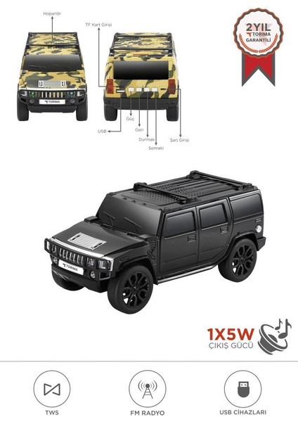 D-48 Siyah Araba Tasarım Usb/Tws/Fm Bluetooth Hoparlör Speaker