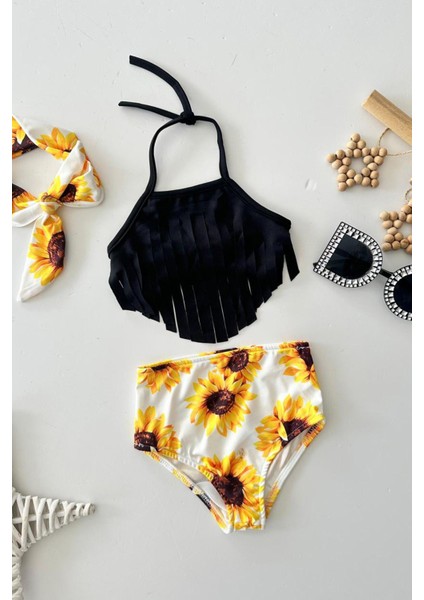 (2-8 Yaş) Ayçiçeği Baskılı Püsküllü Kız Çocuk Mayo bikini takım - Siyah