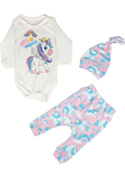 Kız Bebek Beyaz Pembe Unicorn Desenli Zıbın 3'lü Takım indirimleri