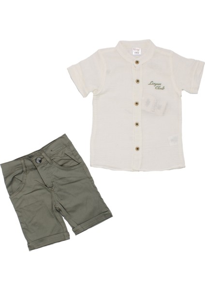 Erkek Çocuk Ekru Yeşil Müslin Gömlekli Armalı 2'li Takım