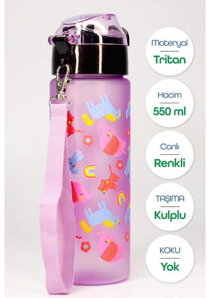 Renkli Unicorn Tritan Su Şişesi, Pipetli, 550 ml, Çocuklar için eğlenceli tasarım fiyatları