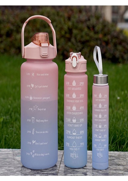 3'lü Spor Su Şişesi Seti, 2L+900ml+600ml, Tritan, Mavi-Pembe, Motivasyonlu, Hafif, Sağlıklı