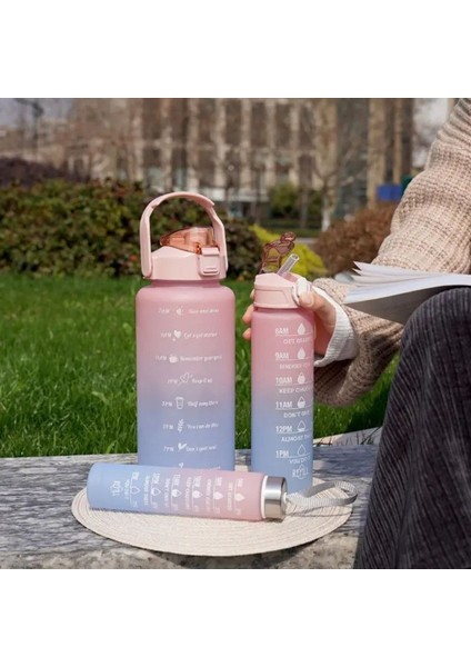 3'lü Spor Su Şişesi Seti, 2L+900ml+600ml, Tritan, Mavi-Pembe, Motivasyonlu, Hafif, Sağlıklı fiyatları