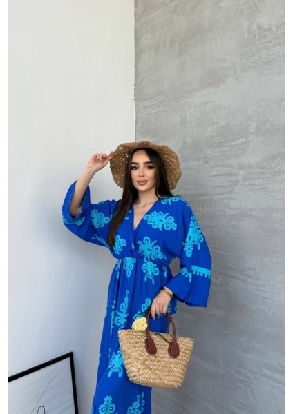 Etnik Desenli Viskon Uzun Kollu Yeşill Elbise