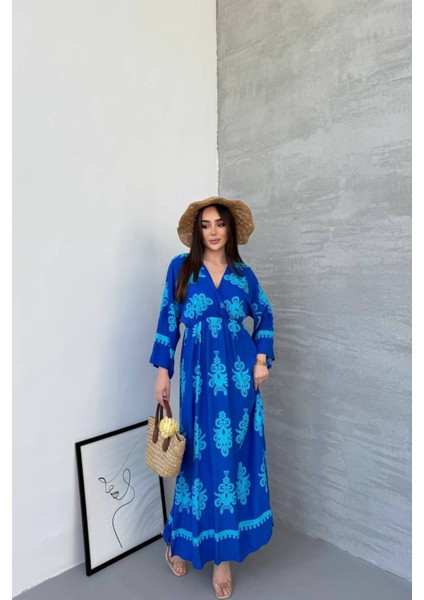 Etnik Desenli Viskon Uzun Kollu Yeşill Elbise fiyatları